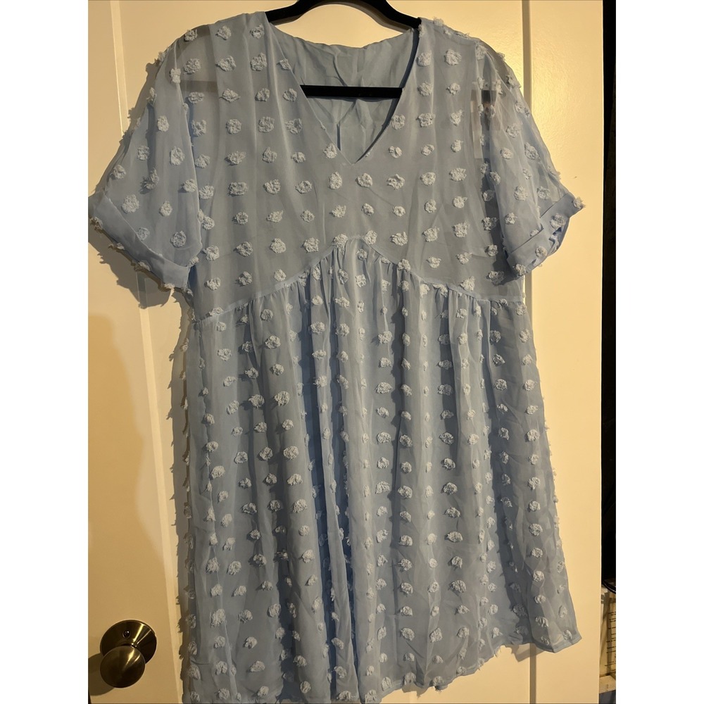 NWT Kirundo Women’s Large Baby Blue Dress Sheer Long Sleeves & Swiss Dot Design